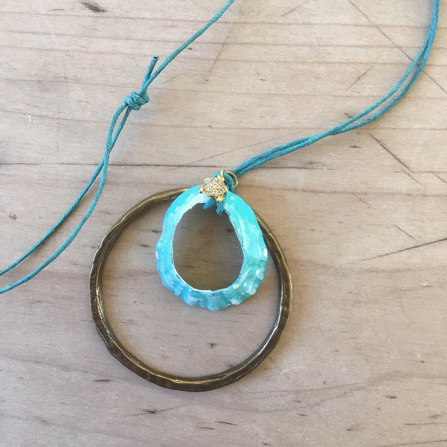 Hand Painted Limpet Necklace in Aqua with Brass Hoop and Cubic Zirconia Turtle