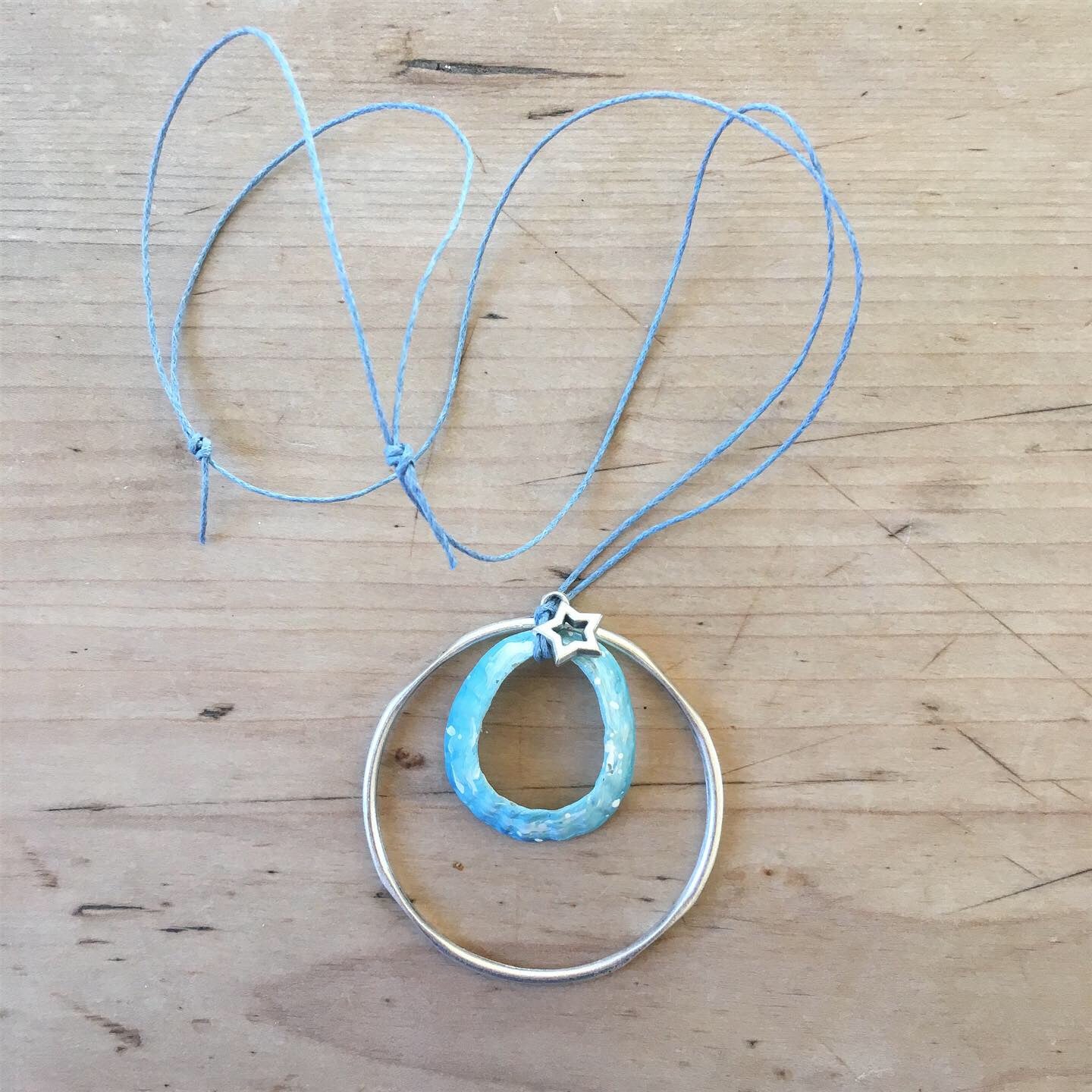 Hand Painted Limpet Necklace in Blue with Silver Hoop and Silver Star Charm