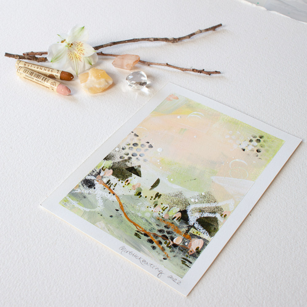 Quiet Courage 19 |Green Pink Landscape Painting | A5 Watercolour Paper