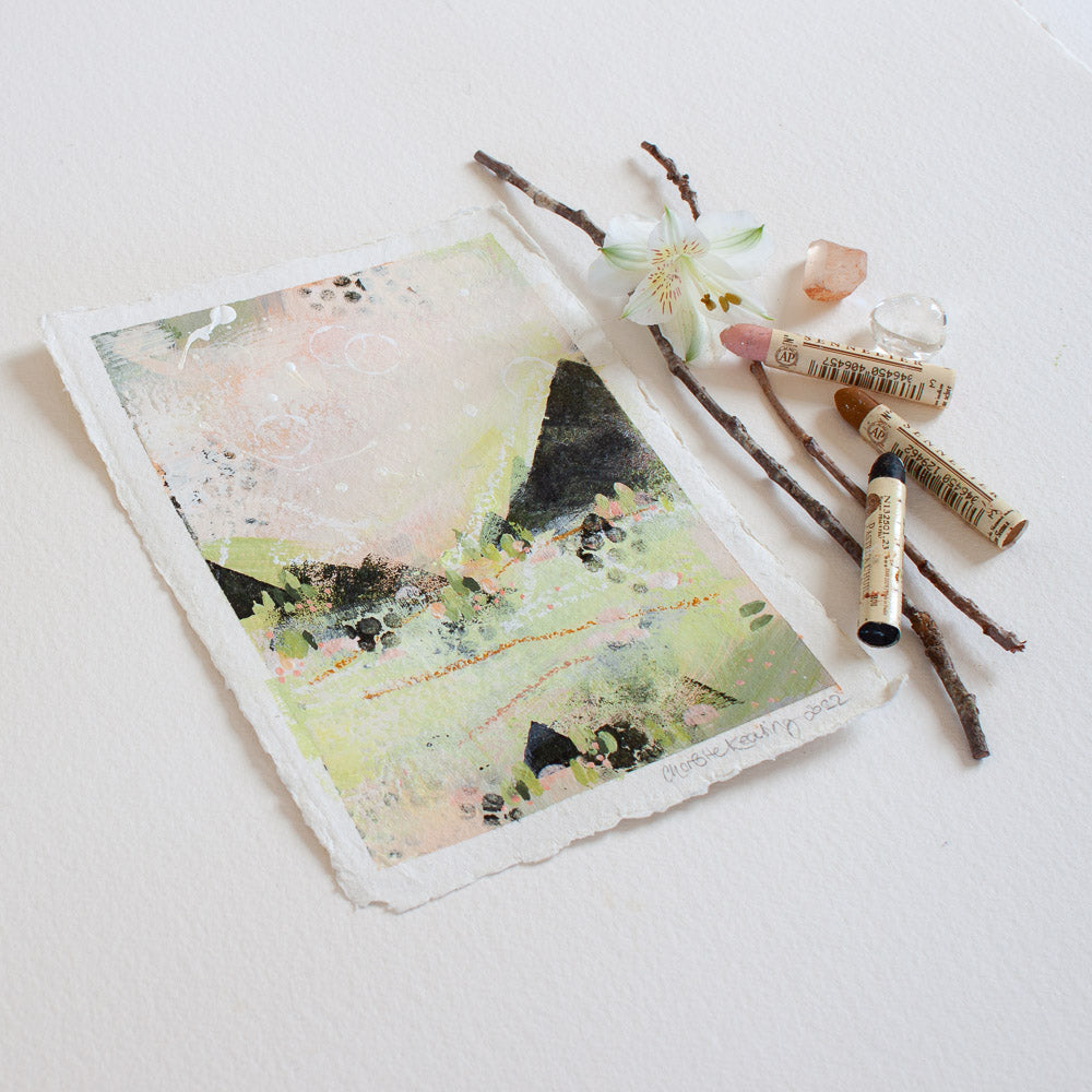 Quiet Courage 5 | Landscape Painting | Green Pink A5 Deckled Edge