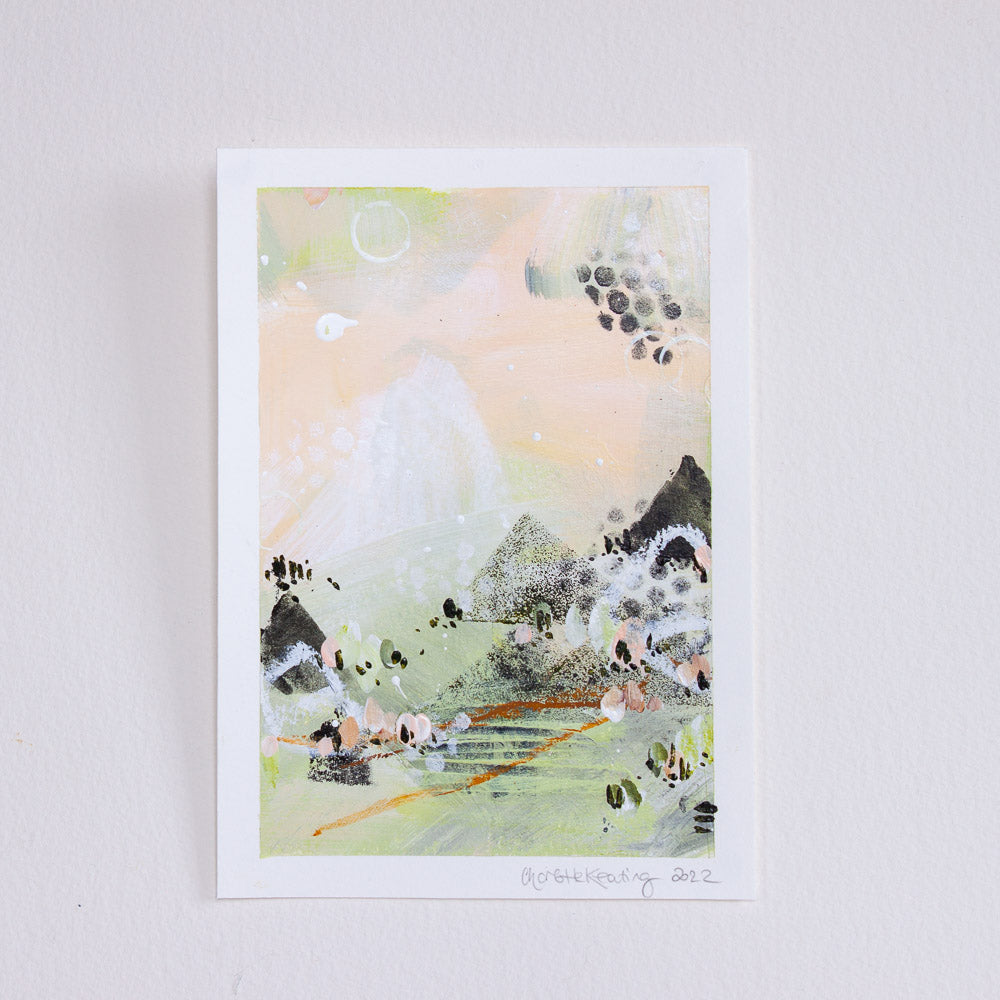 Quiet Courage 17 |Green Pink Landscape Painting | A5 Watercolour Paper