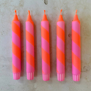 Neon Orange & Pink Spiral Twist Hand Dipped Dinner Candles 
