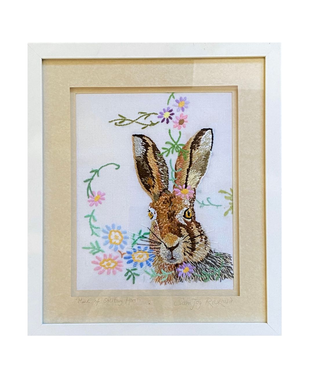 SJR06 Head of Solitary Hare Hand Embroidery on Linen Traycloth by Sara Joy Rickard