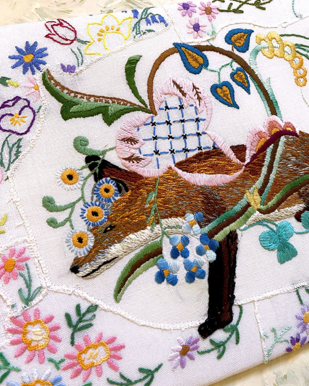 SJR02 Mr Fancy Fox in Garden of Delights Hand Embroidery on Linen Traycloth by Sara Joy Rickard