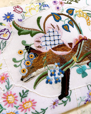 SJR02 Mr Fancy Fox in Garden of Delights Hand Embroidery on Linen Traycloth by Sara Joy Rickard