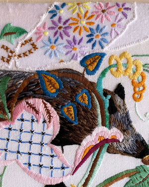 SJR03 Autumn Snuffles in Garden of Delights Hand Embroidery on Linen Traycloth by Sara Joy Rickard
