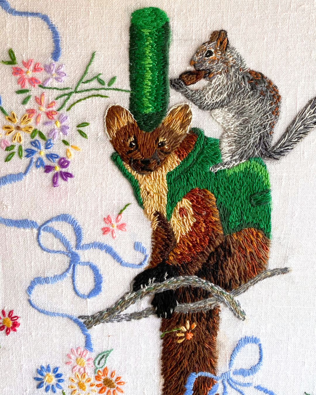SJR04 Mr Jolly Fine Marten Hand Embroidery on Linen Traycloth by Sara Joy Rickard