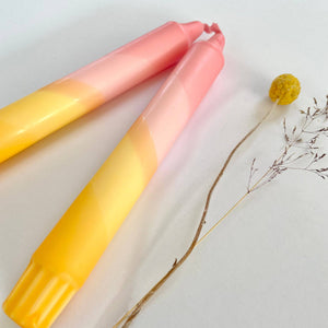 Sherbert Pink & Amber Yellow Swirl Dip Dyed Dinner Candles