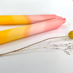 Sherbert Pink & Amber Yellow Swirl Dip Dyed Dinner Candles