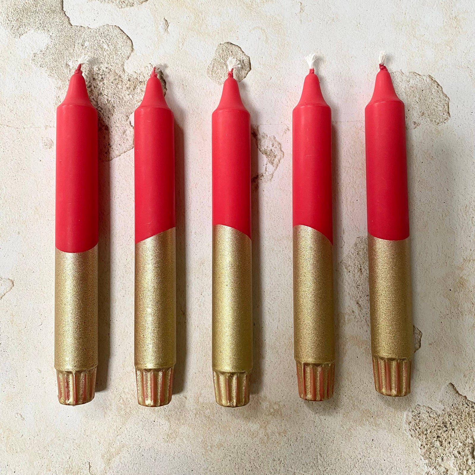 Colourful Bright Red and Gold Hand Dipped Candles 