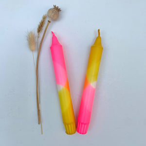 Neon Pink and Dandelion Yellow Dip Dyed Dinner Candles