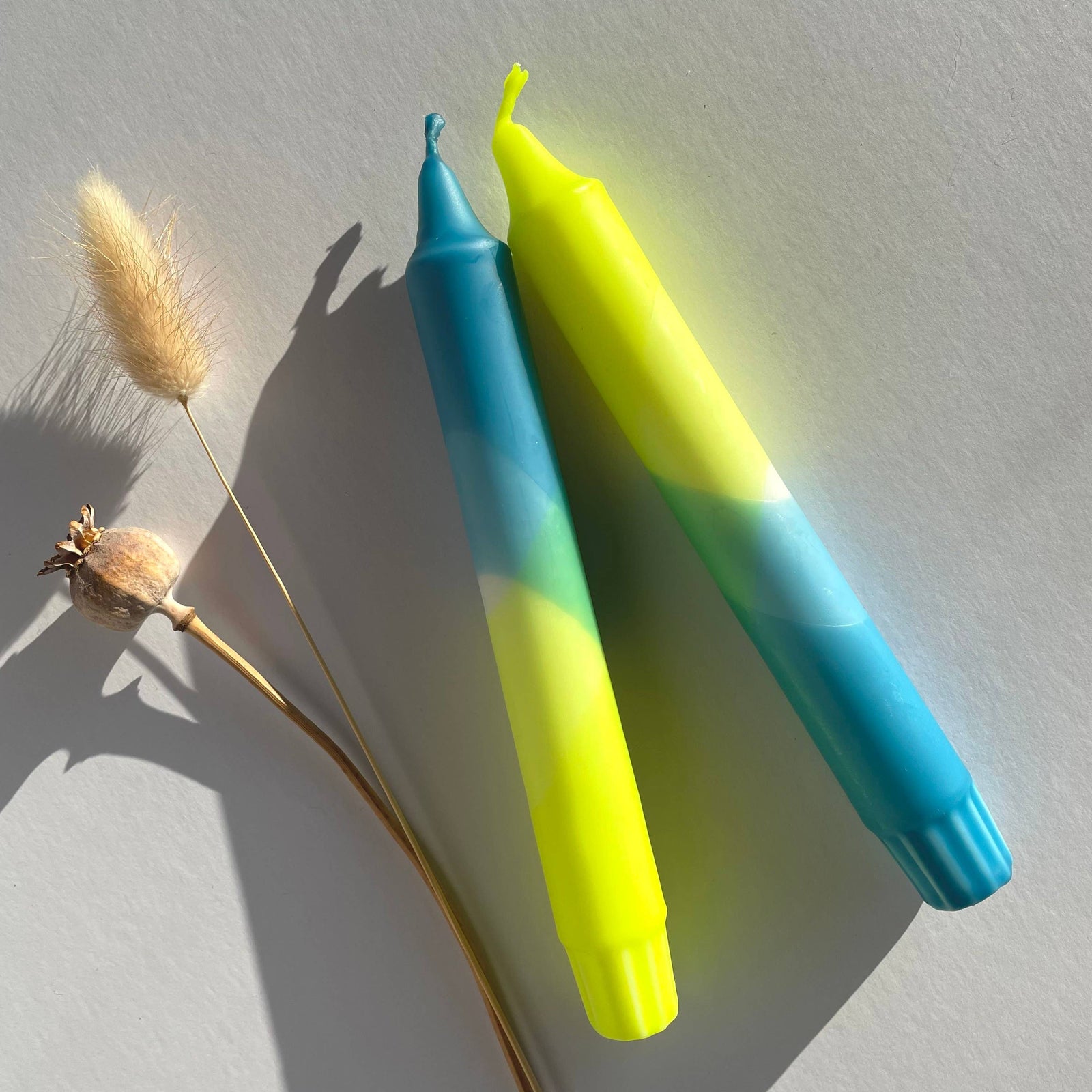 Neon Yellow and Hawaiian Blue Dip Dyed Dinner Candles