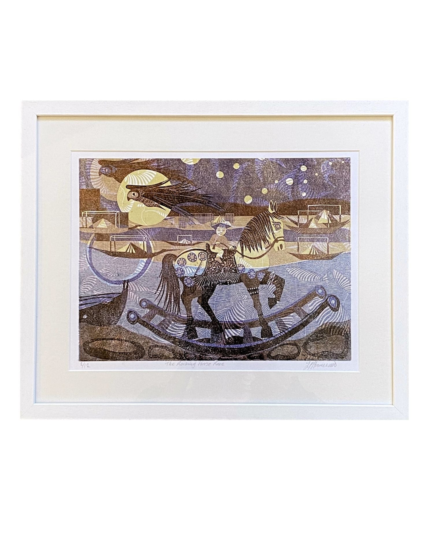PH01 Rocking Horse Race Framed Linocut Print by Patricia Homewood