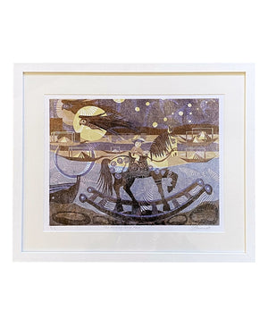 PH01 Rocking Horse Race Framed Linocut Print by Patricia Homewood