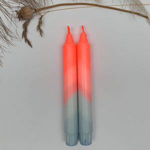 Neon Coral & Dawn Blue Swirl Dip Dyed Dinner Candles