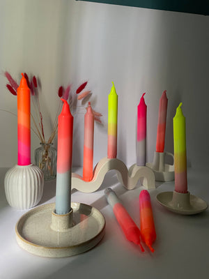 Neon Coral & Dawn Blue Swirl Dip Dyed Dinner Candles