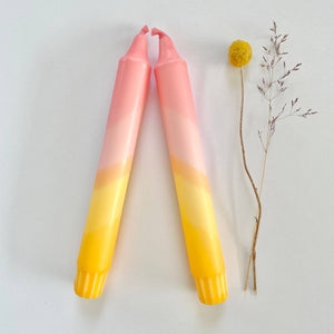 Sherbert Pink & Amber Yellow Swirl Dip Dyed Dinner Candles