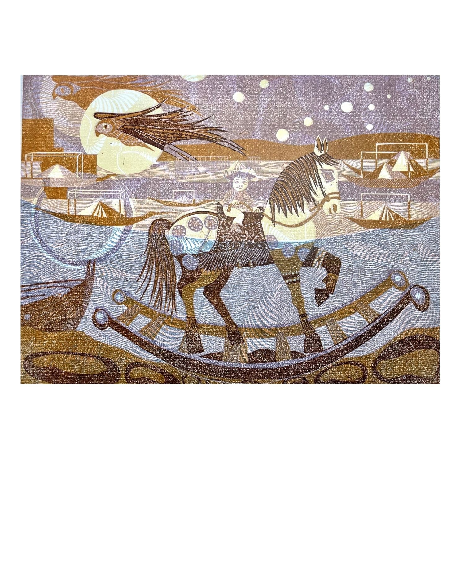 PH01 Rocking Horse Race Framed Linocut Print by Patricia Homewood