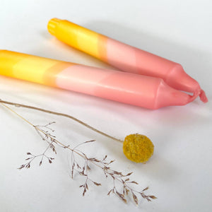 Sherbert Pink & Amber Yellow Swirl Dip Dyed Dinner Candles