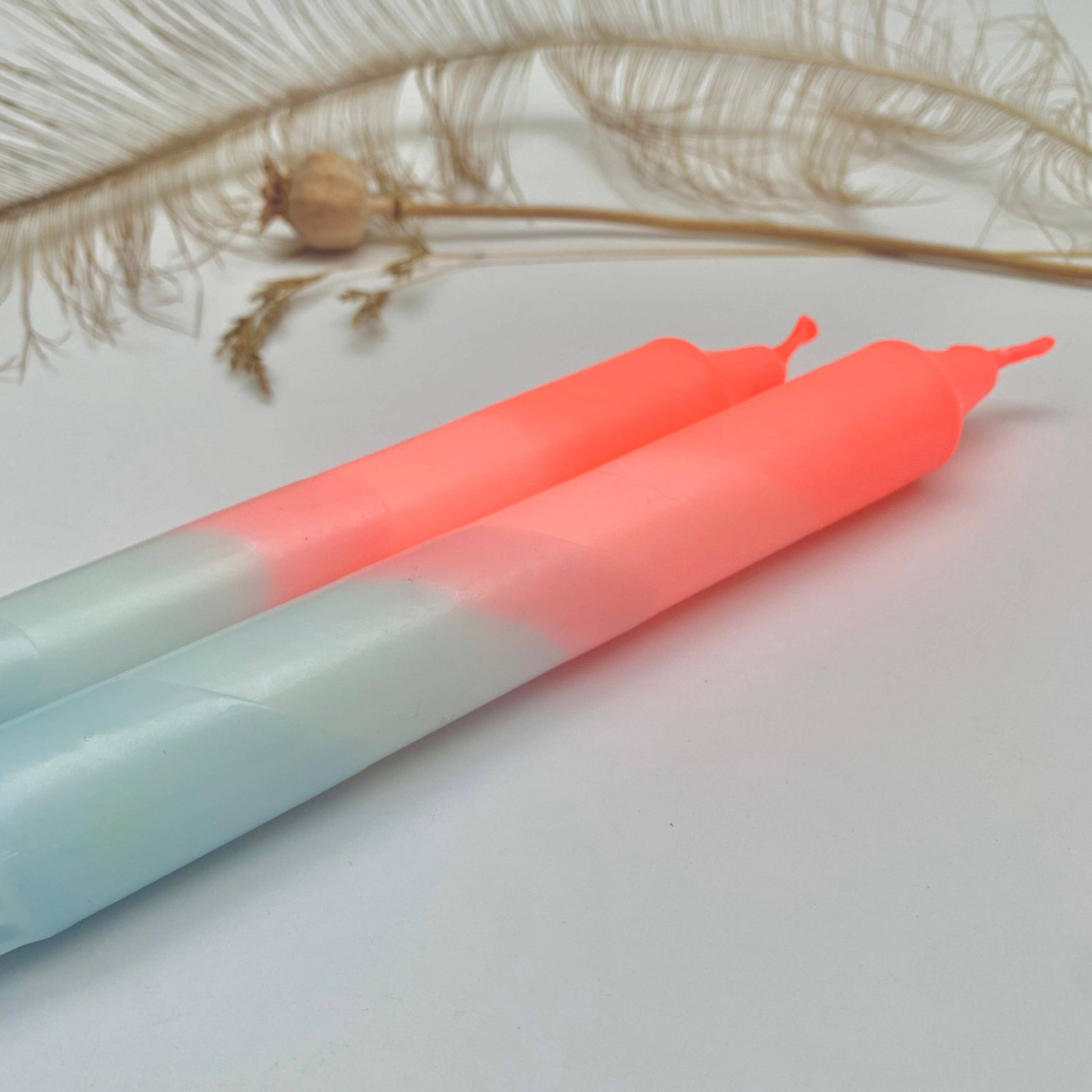 Neon Coral & Dawn Blue Swirl Dip Dyed Dinner Candles