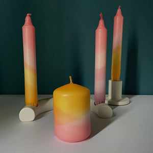 Sherbert Pink & Amber Yellow Swirl Dip Dyed Dinner Candles