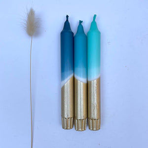 Teal, Hawaiian Blue, Turquoise & Gold Dip Dye Dinner Candles