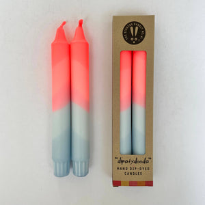 Neon Coral & Dawn Blue Swirl Dip Dyed Dinner Candles