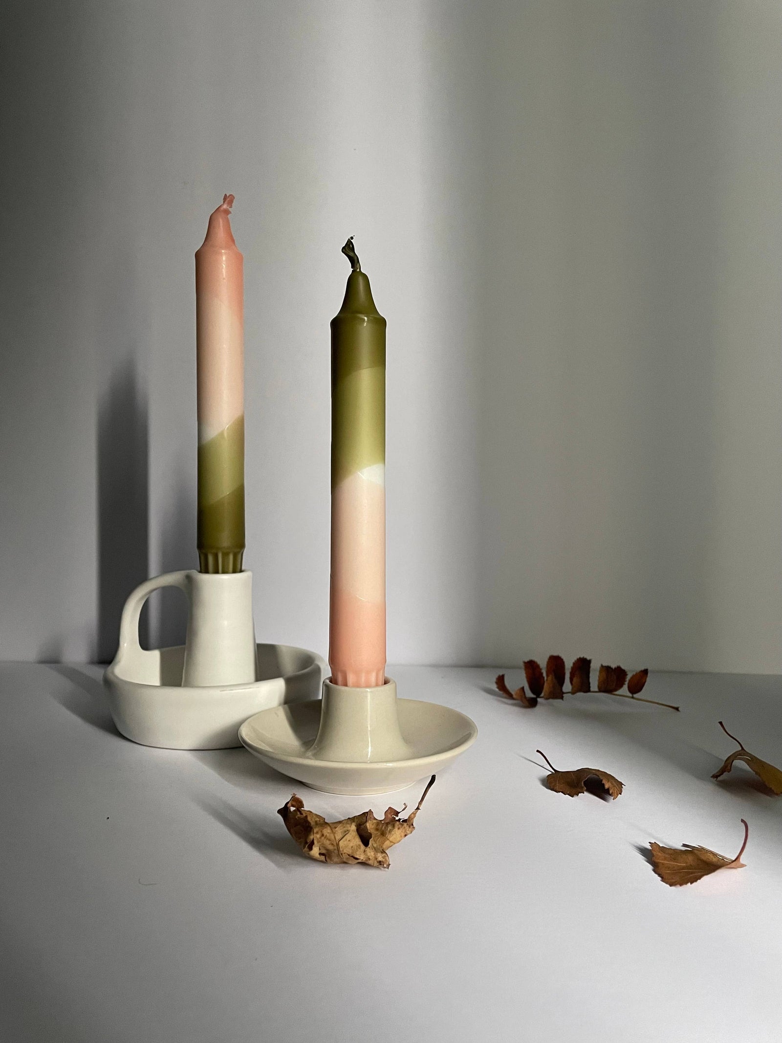 Blush Pink and Olive Green Dip Dyed Dinner Candles