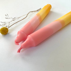 Sherbert Pink & Amber Yellow Swirl Dip Dyed Dinner Candles