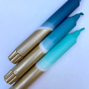 Teal, Hawaiian Blue, Turquoise & Gold Dip Dye Dinner Candles