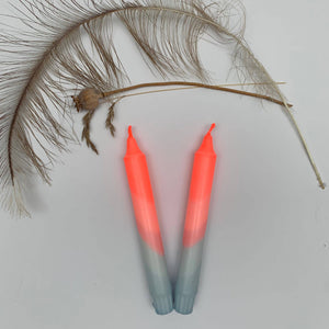 Neon Coral & Dawn Blue Swirl Dip Dyed Dinner Candles