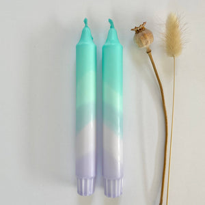 Turquoise and Lavender Swirl Dip Dyed Dinner Candles
