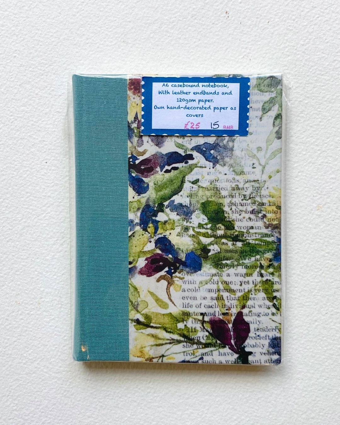 BMB15 A6 casebound book with leather end bands, linen spine Brilliant Magpie Bookbinding
