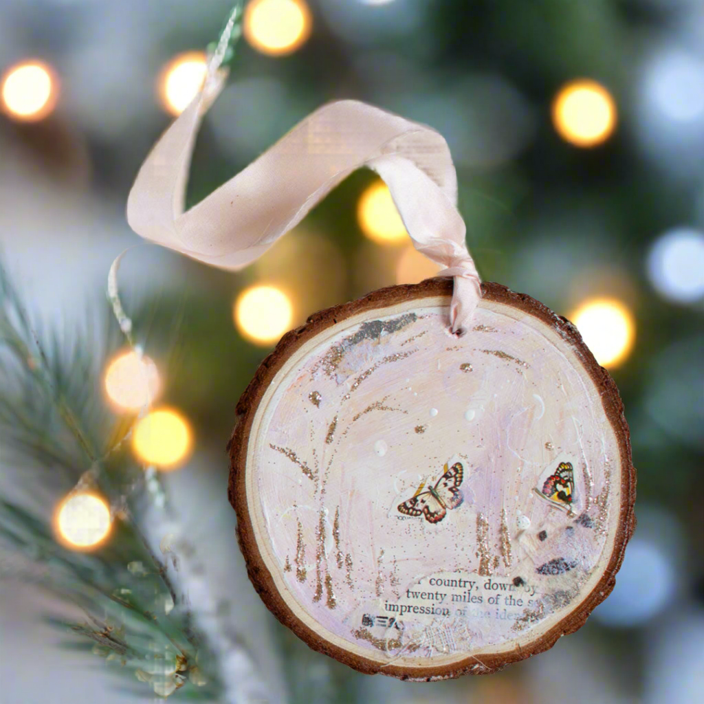 Drifting Impression Dreamscape Hanging Mini Painting on Rustic Wooden Slice