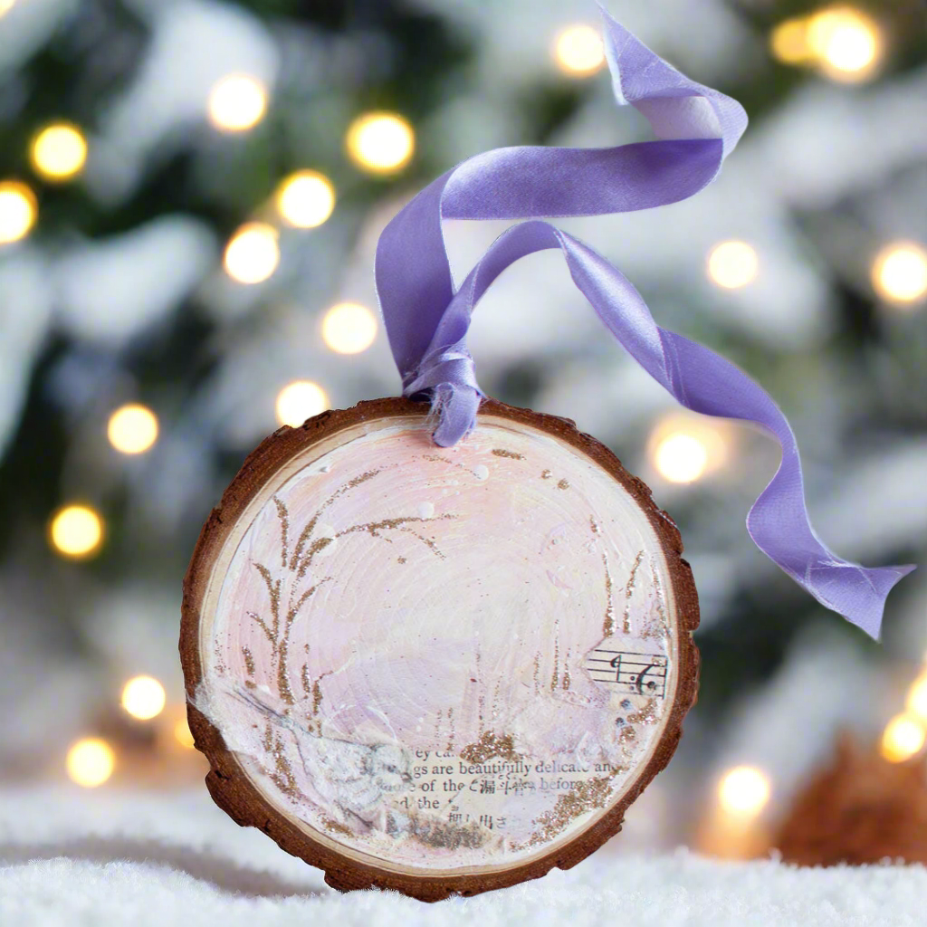 Beautifully Delicate Dreamscape Hanging Mini Painting on Rustic Wooden Slice