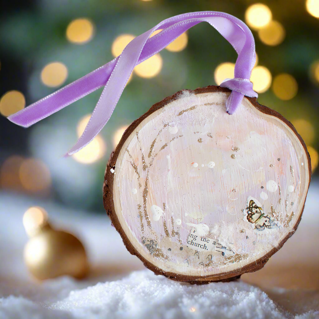 Church Song Dreamscape Hanging Mini Painting on Rustic Wooden Slice