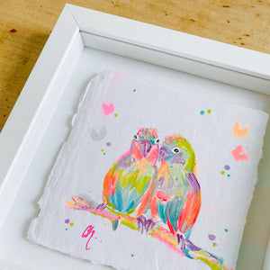 Small Vibrant Lovebirds 2 Painting on Handmade Paper