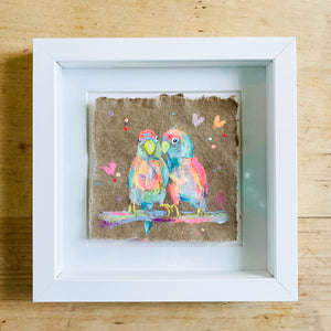 Small Vibrant Lovebirds 1 Painting on Handmade Paper