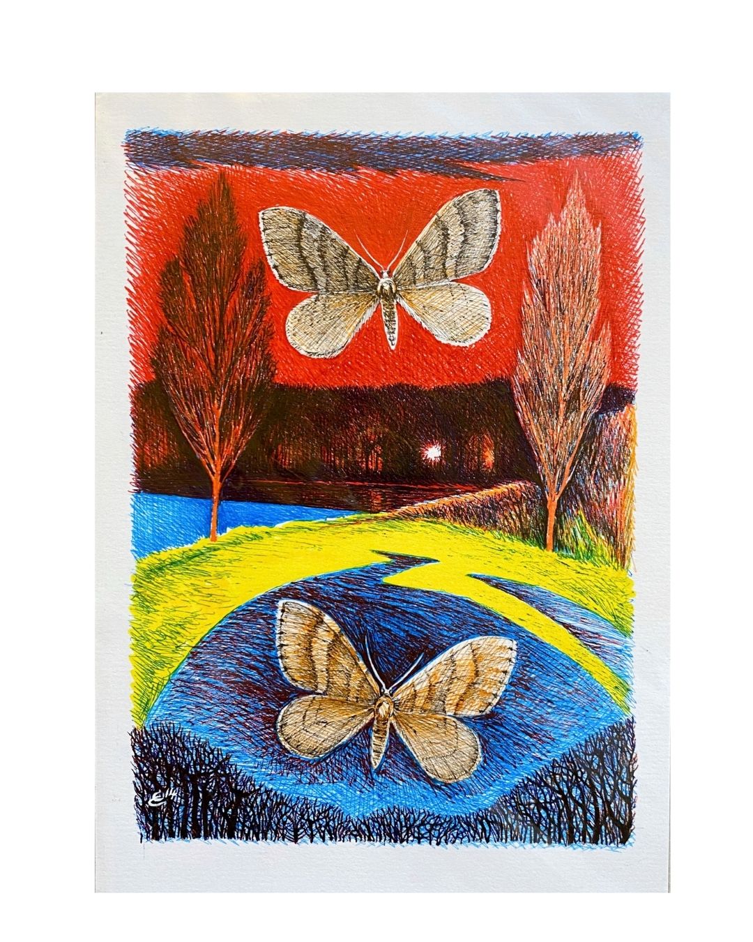 EC07 Winter Moths over Floods / pen drawing / A5 by Edward Clark