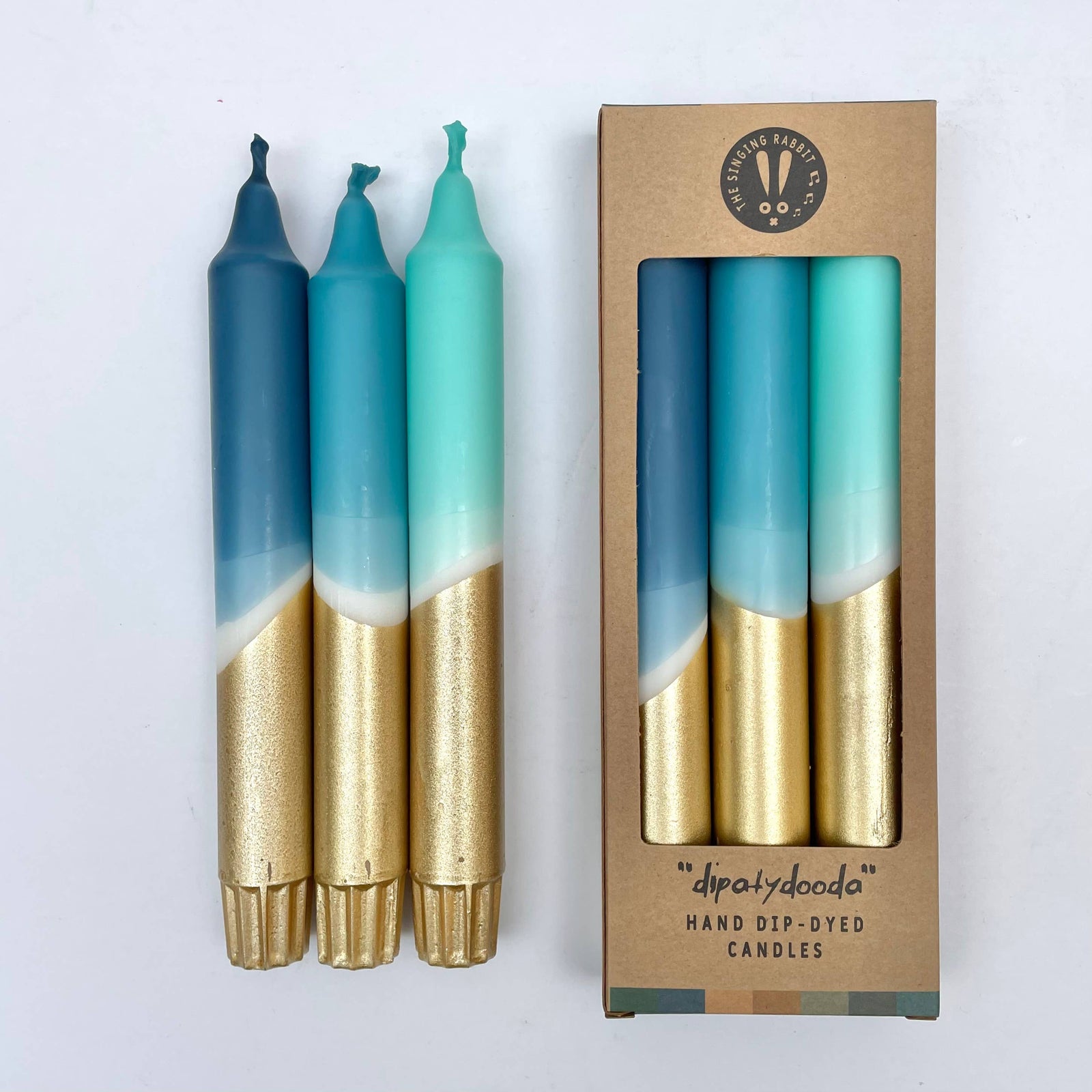 Teal, Hawaiian Blue, Turquoise & Gold Dip Dye Dinner Candles