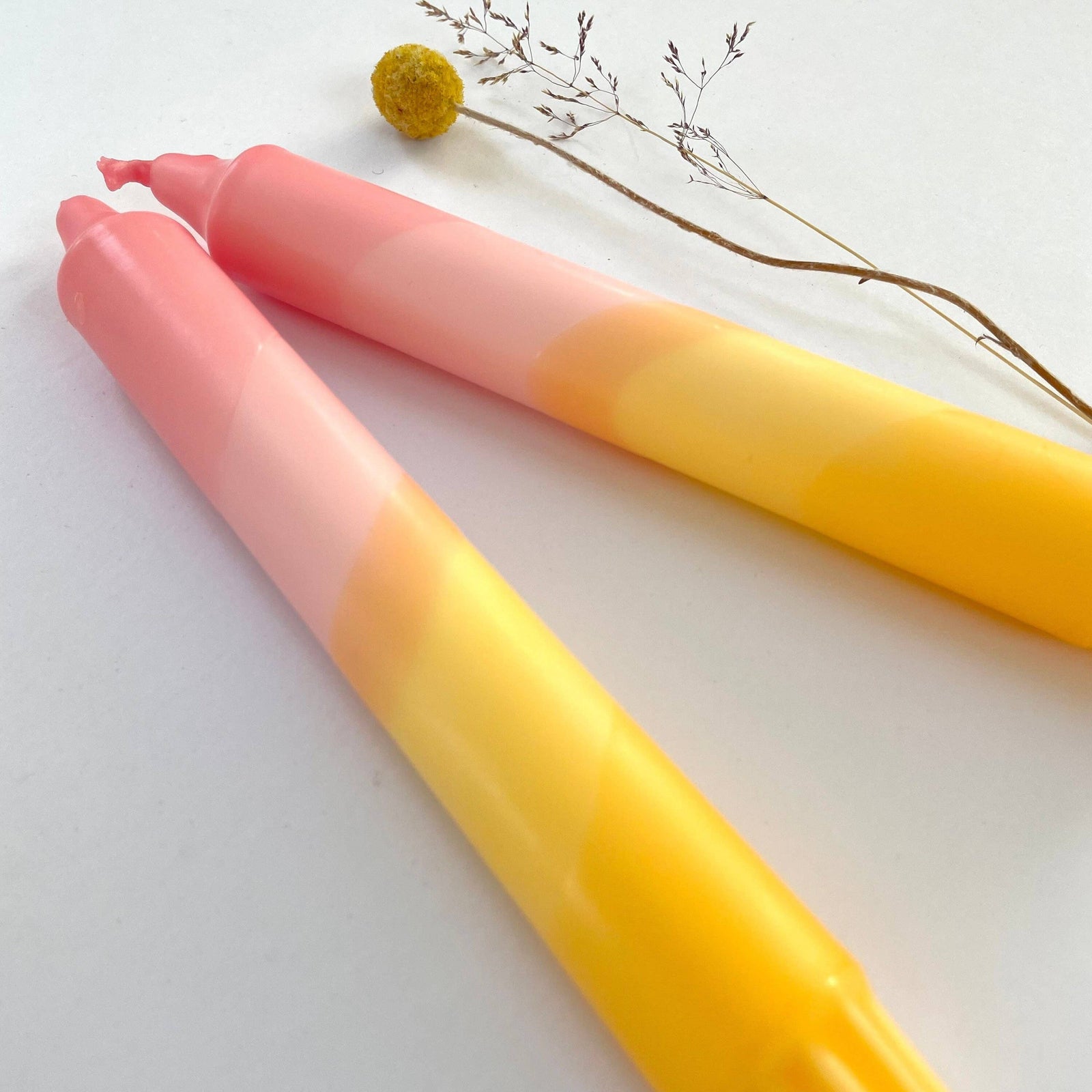 Sherbert Pink & Amber Yellow Swirl Dip Dyed Dinner Candles