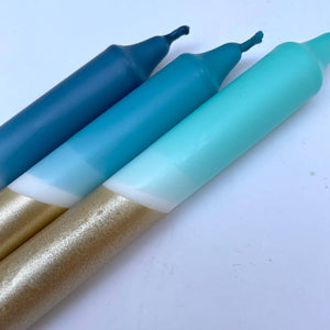 Teal, Hawaiian Blue, Turquoise & Gold Dip Dye Dinner Candles