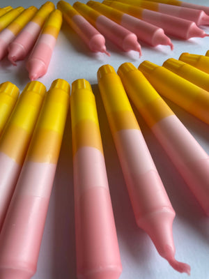 Sherbert Pink & Amber Yellow Swirl Dip Dyed Dinner Candles