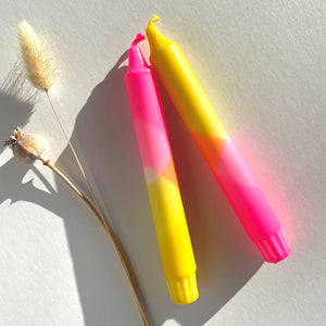 Neon Pink and Dandelion Yellow Dip Dyed Dinner Candles
