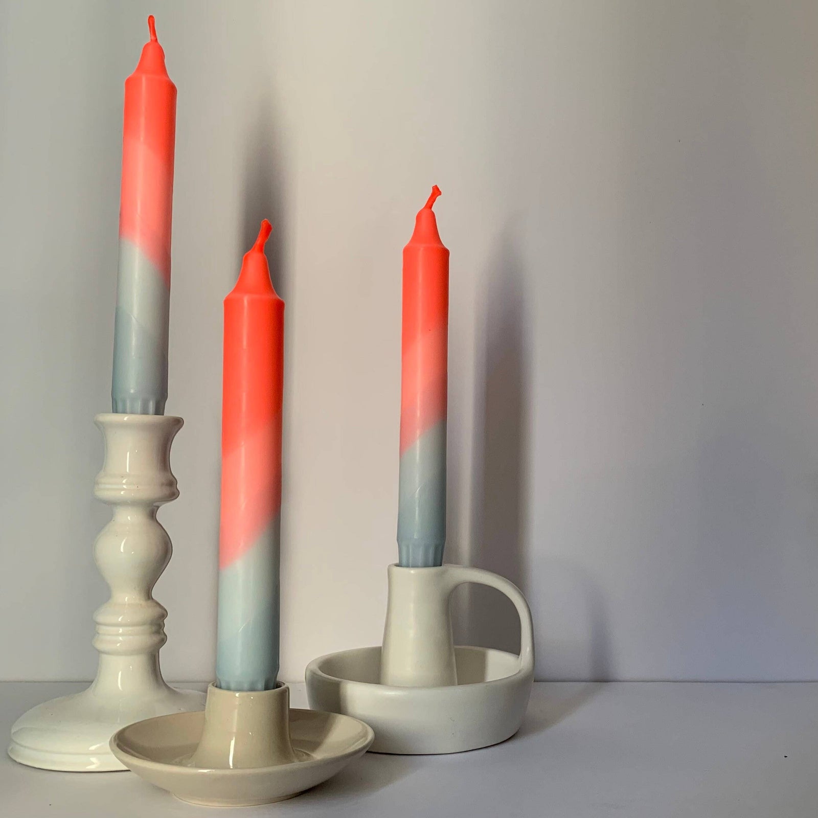 Neon Coral & Dawn Blue Swirl Dip Dyed Dinner Candles