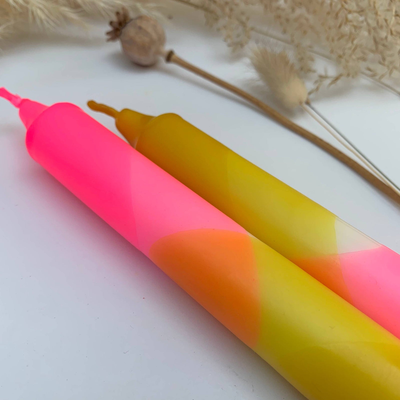 Neon Pink and Dandelion Yellow Dip Dyed Dinner Candles