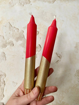 Colourful Bright Red and Gold Hand Dipped Candles 