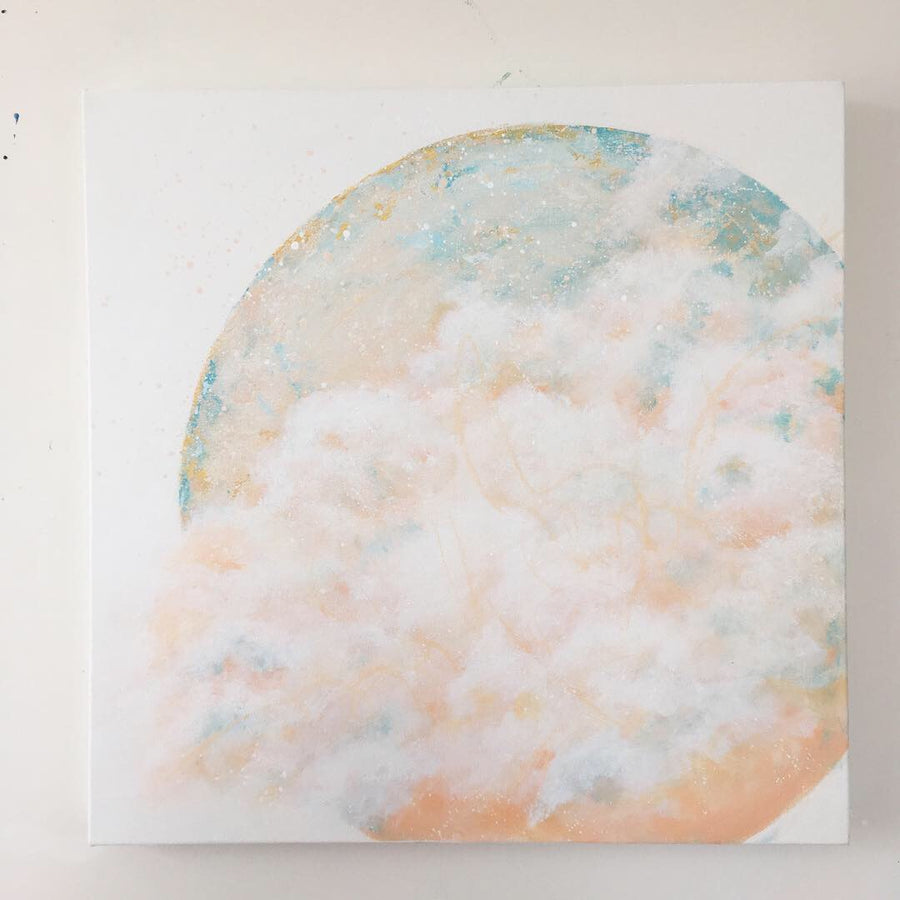 Serenity Moon Painting in peach and blue 60cm x 60cm