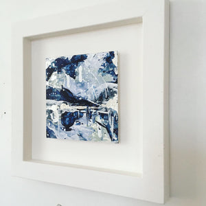 Distant Shores 2 framed abstract painting blue silver  20cm x 20cm