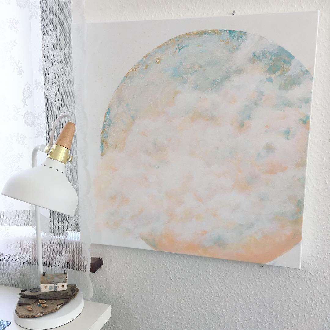 Serenity Moon Painting in peach and blue 60cm x 60cm